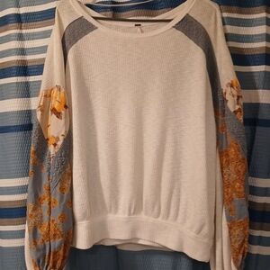 NAADAM White Sweater with Blue and Mustard Floral Sleeves